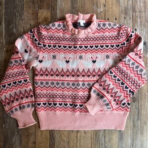JCrew Fair Isle Swan Sweater with ruffle collar and bubble sleeve.